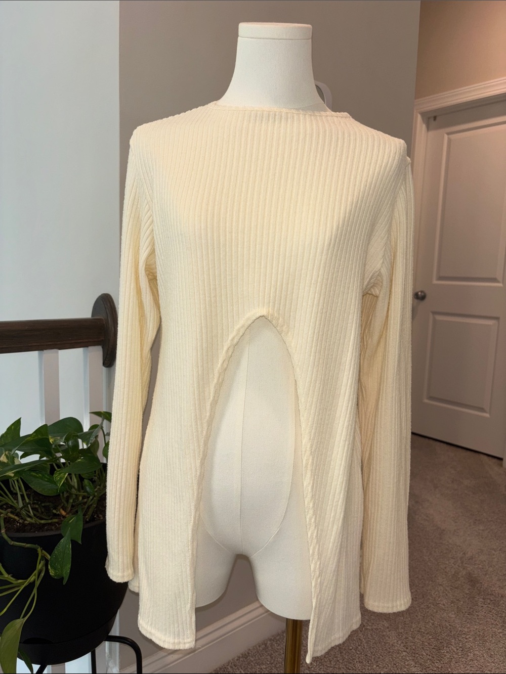 Cream Ribbed Long Sleeve Sweater Top